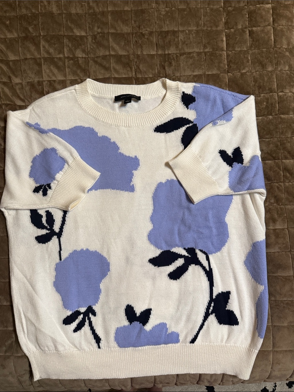 Ann Taylor Cream Sweater with Lavender Floral and Black Accents